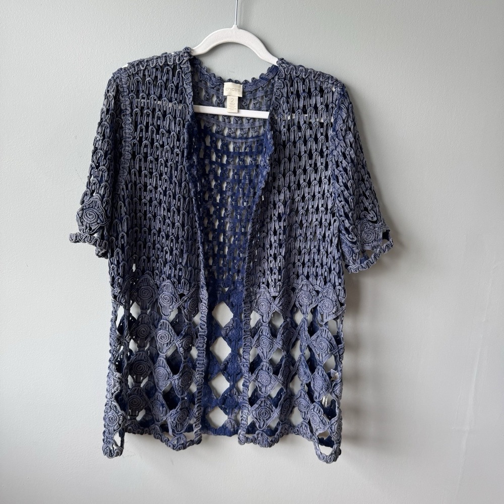 Chico's Blue Crochet Cardigan Jacket Short Sleeve Open Front Knit Topper Boho